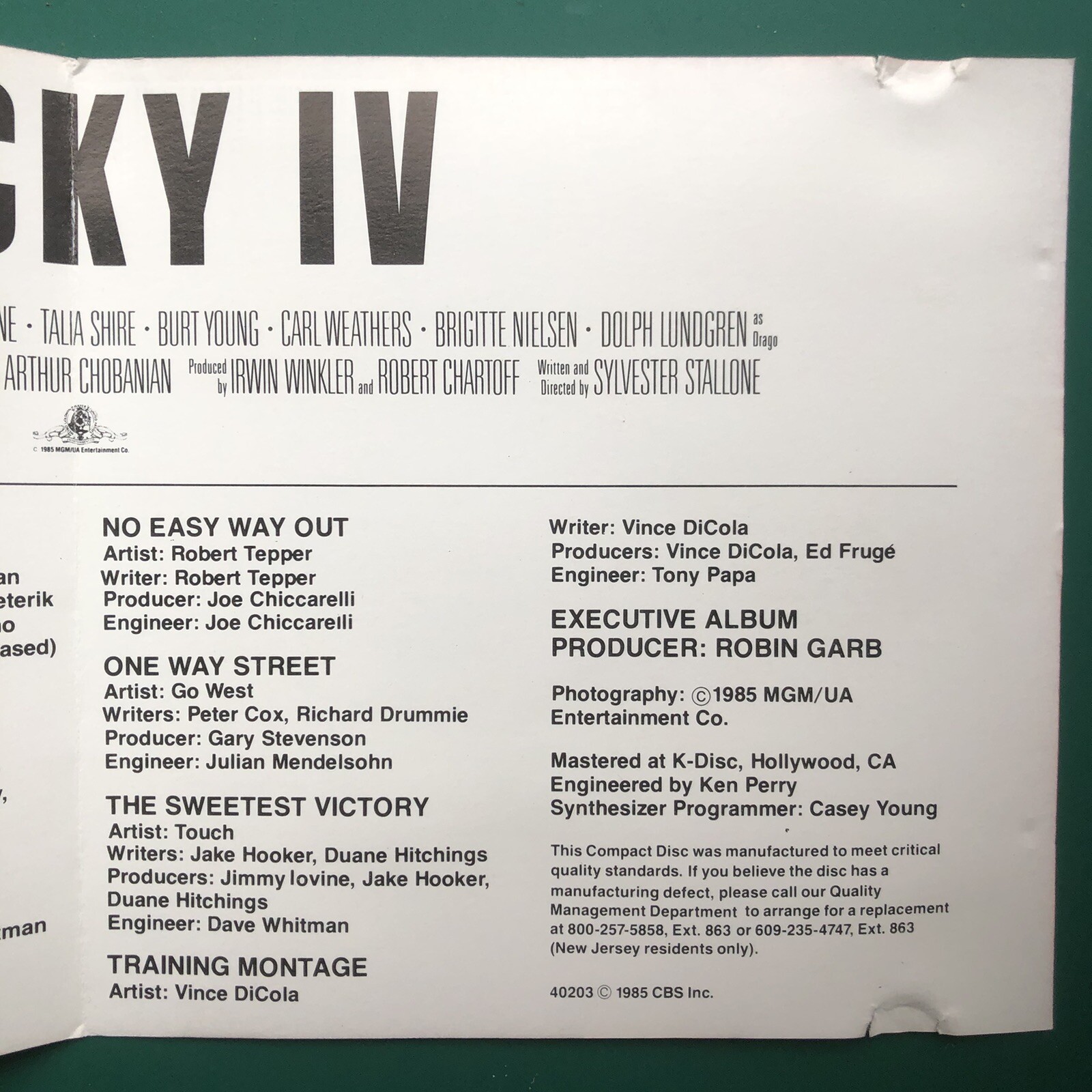Sylvester Stallone ROCKY IV Film Soundtrack CD Talia Shire Vince DiCola Survivor