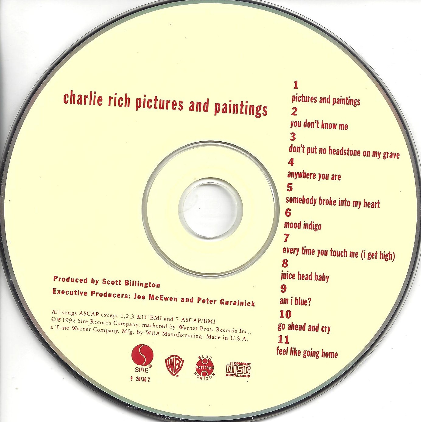 CHARLIE RICH Pictures And Paintings (CD, 1992, SIre/Warner Bros.) cut out