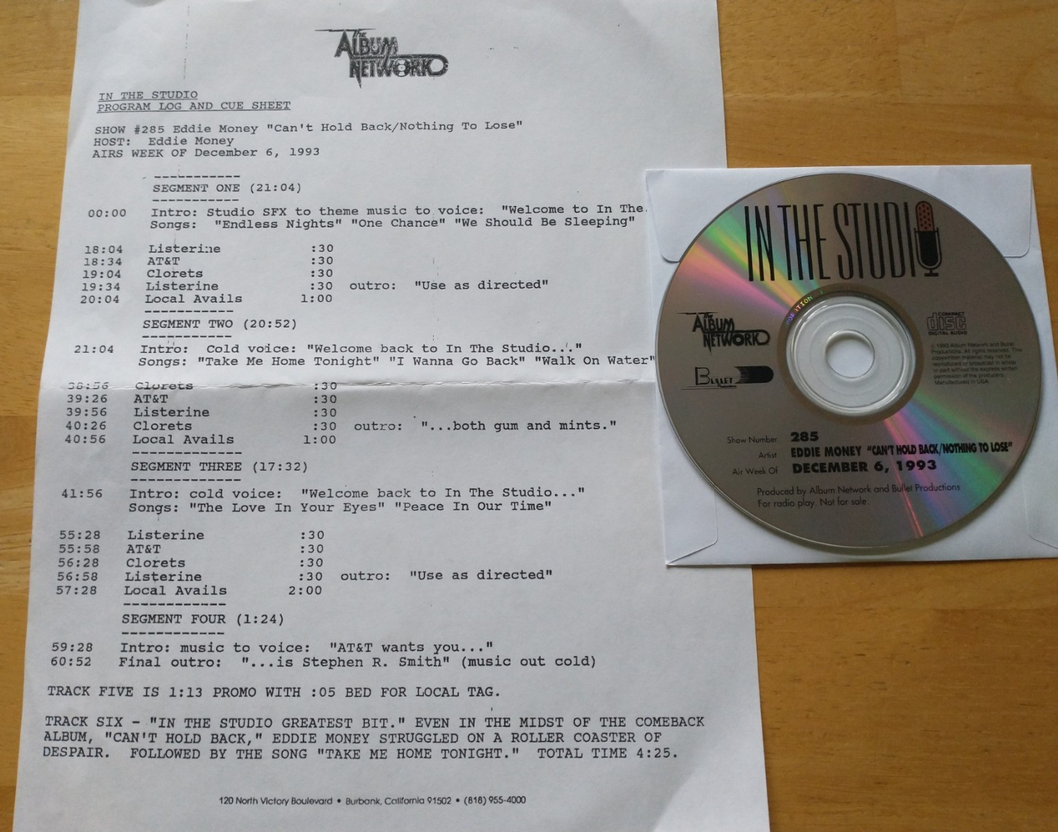 Eddie Money In The Studio ‘Cant Hold Back/Nothing To Lose’ 1 cd radio show 12/93