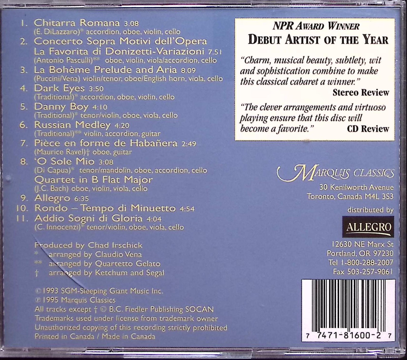 QUARTETTO GELATRO QUARTETTO SELF TITLED MARQUIS CLASSICS CD 186A