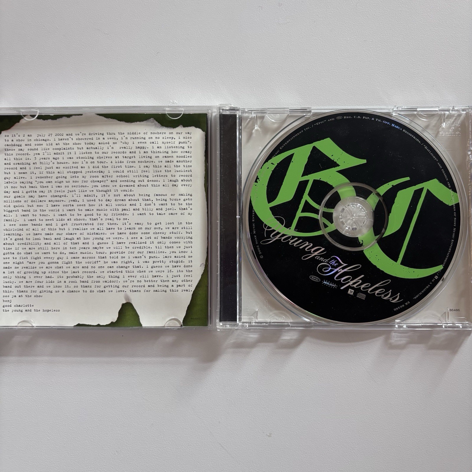 Good Charlotte The Young and the Hopeless CD 2002 Epic Rock Album Jewel Case