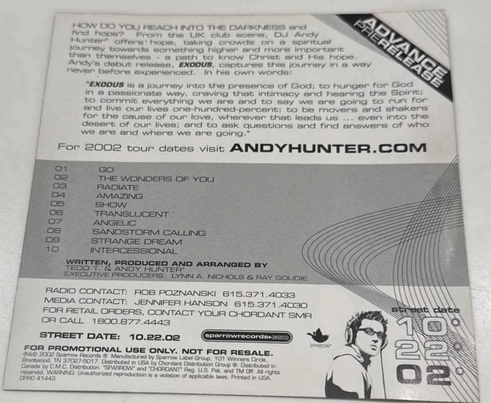 PROMO EXCLUSIVE PRE-RELEASE Andy Hunter “Exodus” 2002 Sparrow Records CD!