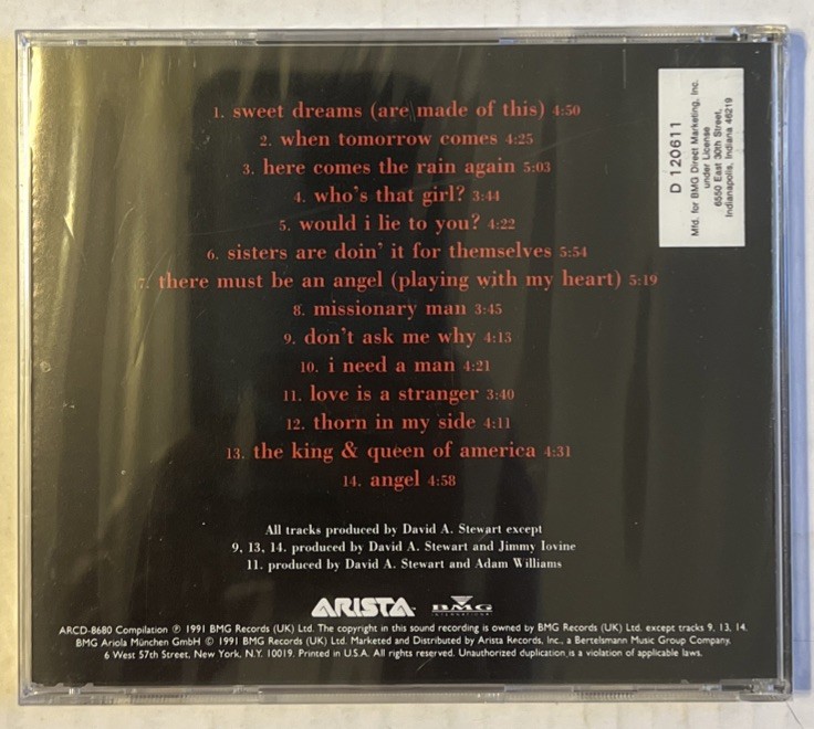 Eurythmics Greatest Hits (CD) Album PROMO COPY BMG Direct Arista 1991 ARCD-8680