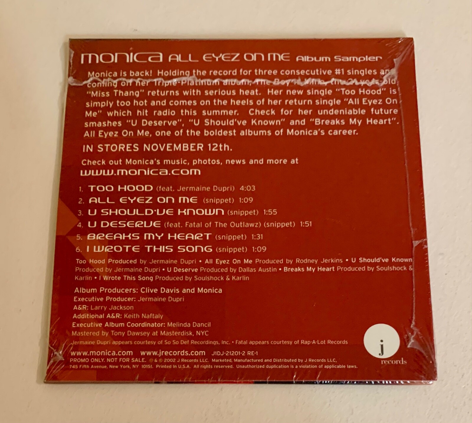 New/Sealed Promo CD Single Monica All Eyez On Me 2002 Album Sampler J1DJ-21201-2