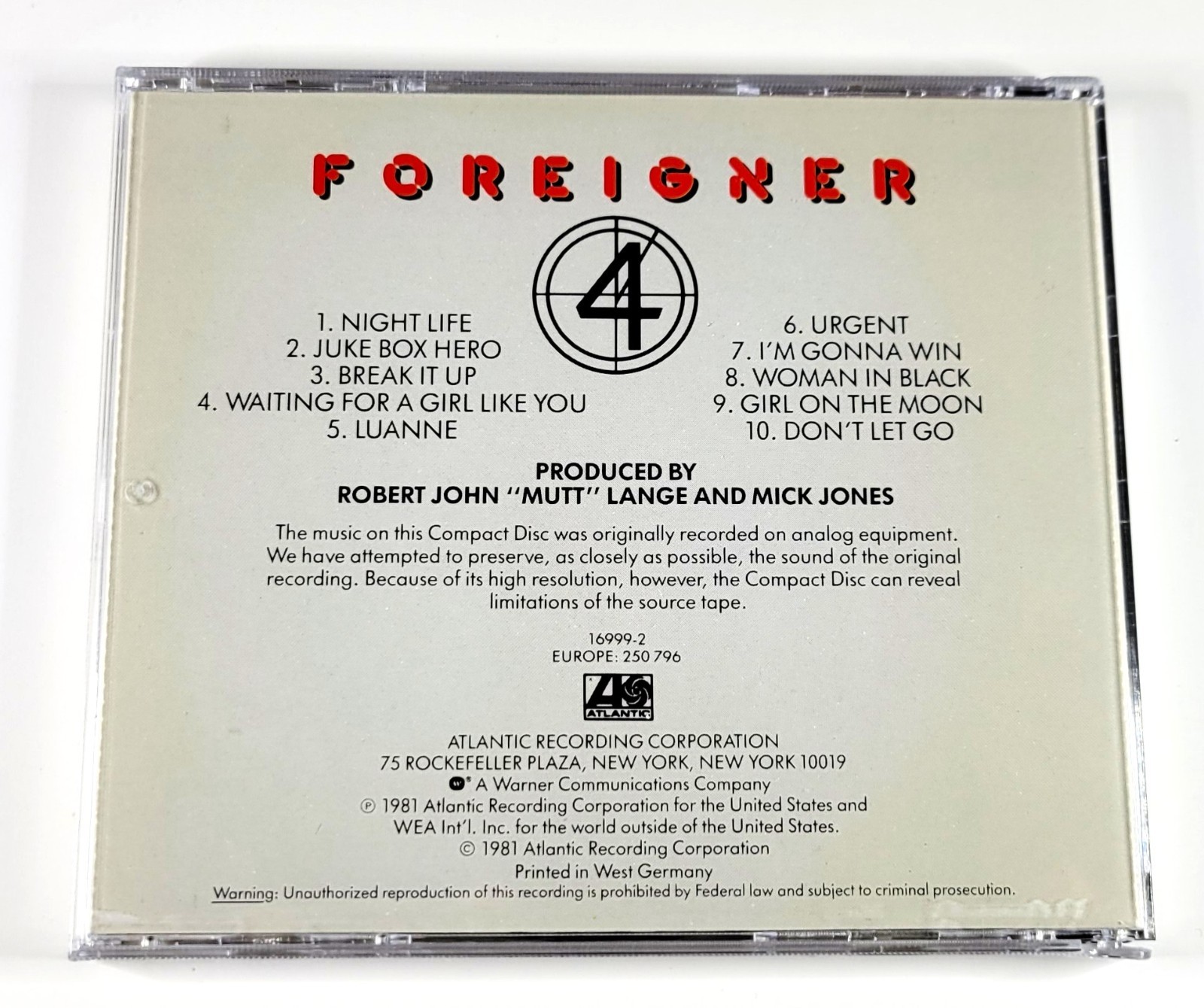 FOREIGNER – 4 (Import Target CD/1981 Atlantic 16999-2 250 796) 10 Tracks / VG+