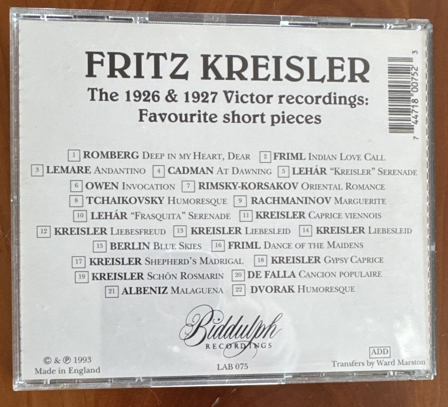 Fritz Kreisler 1926 & 1927 Victor Recordings : Favourite Short Pieces – CD *READ