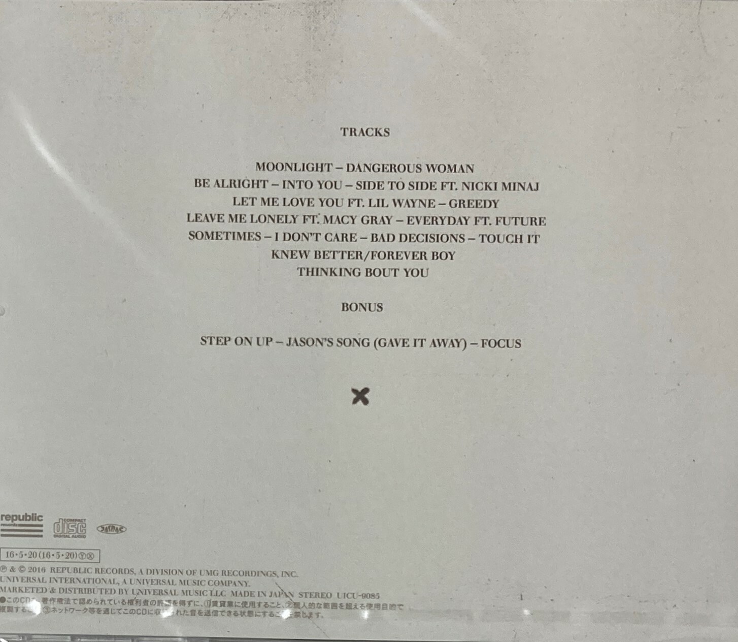 Ariana Grande Sealed CD DANGEROUS WOMAN Japan Special Pkg Mini-Tote Bag Sticker