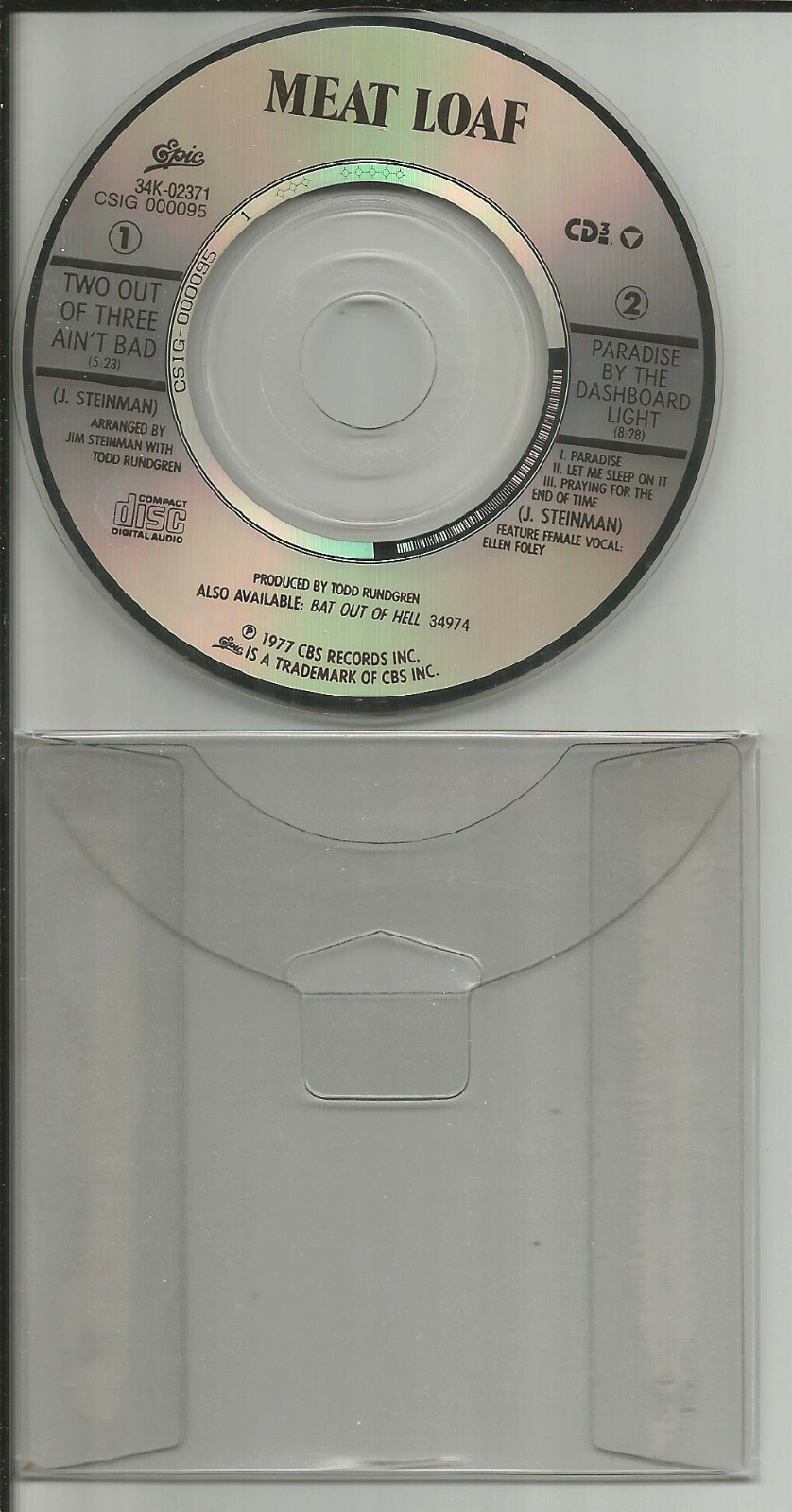 MEAT LOAF Two out of & Paradise Limited 1988 MINI 3 INCH CD single 1988 USA CD3
