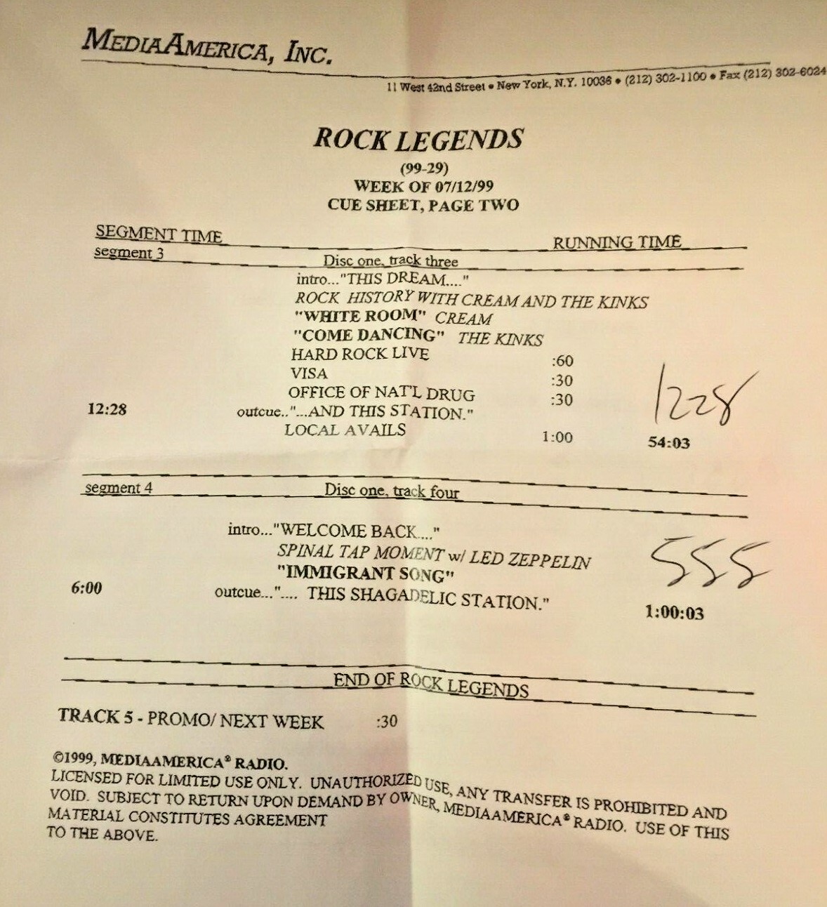 RADIO SHOW: ROCK LEGENDS 7/12/99 21 MIN BYRDS &17 MIN POLICE SETS;ZEPPELIN,CREAM