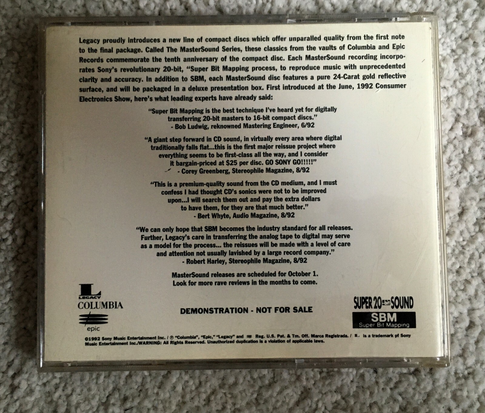 CBS MASTERSOUND SAMPLER Audiophile 24kt Remastered GOLD CD  PROMO ONLY SBM