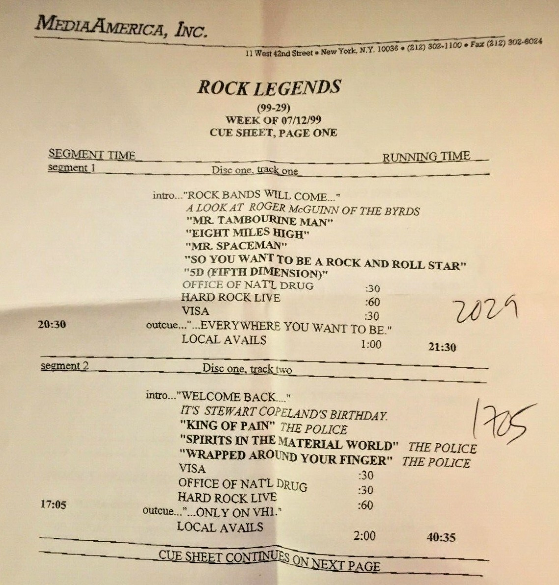 RADIO SHOW: ROCK LEGENDS 7/12/99 21 MIN BYRDS &17 MIN POLICE SETS;ZEPPELIN,CREAM