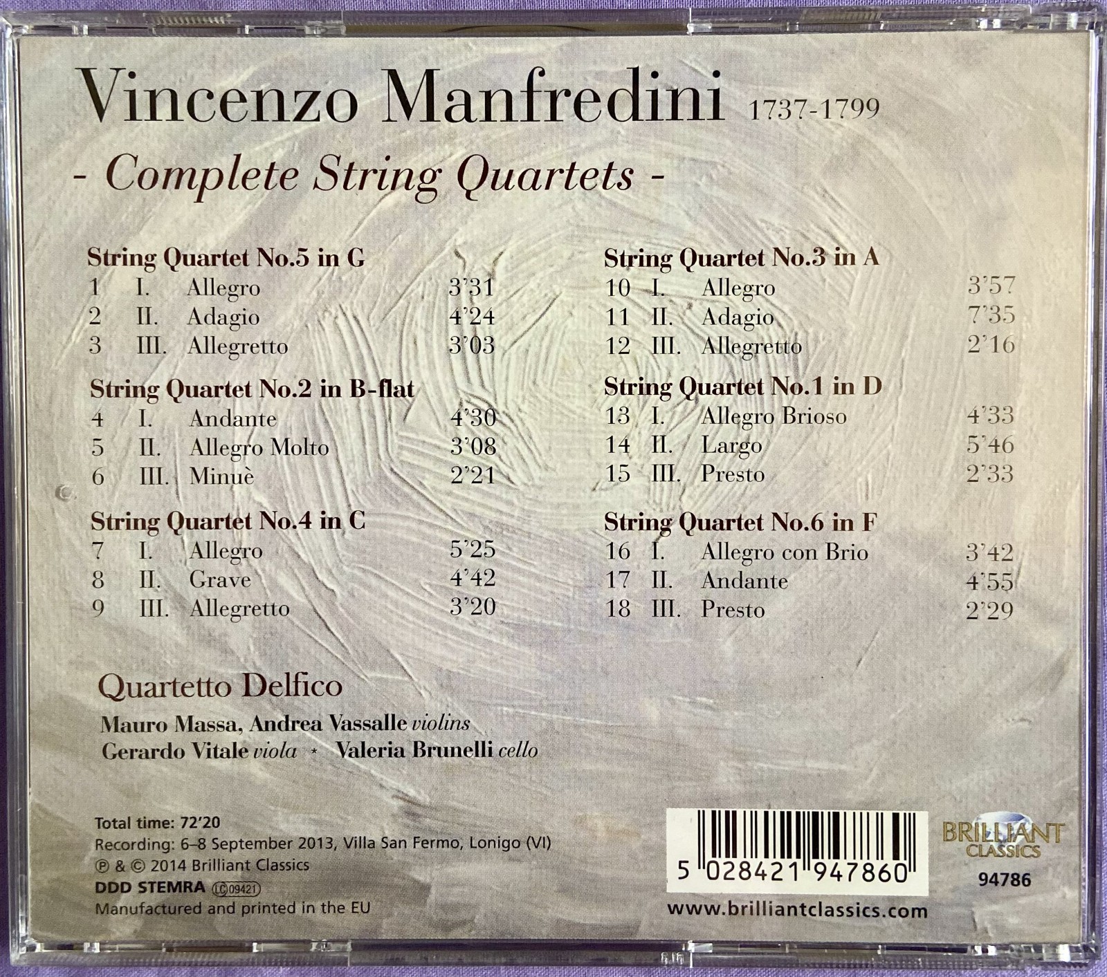 Manfredini: Complete String Quartets – Quartetto Delfico CD 2014 Brilliant Class