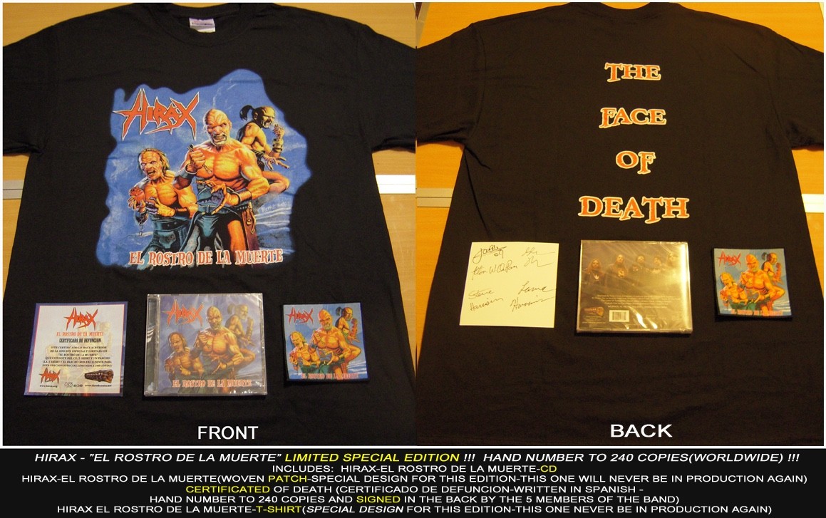 HIRAX-EL ROSTRO DE LA MUERTE-LIMITED EDITION-T-SHIRT-CD-PATCH-SIGNATURES