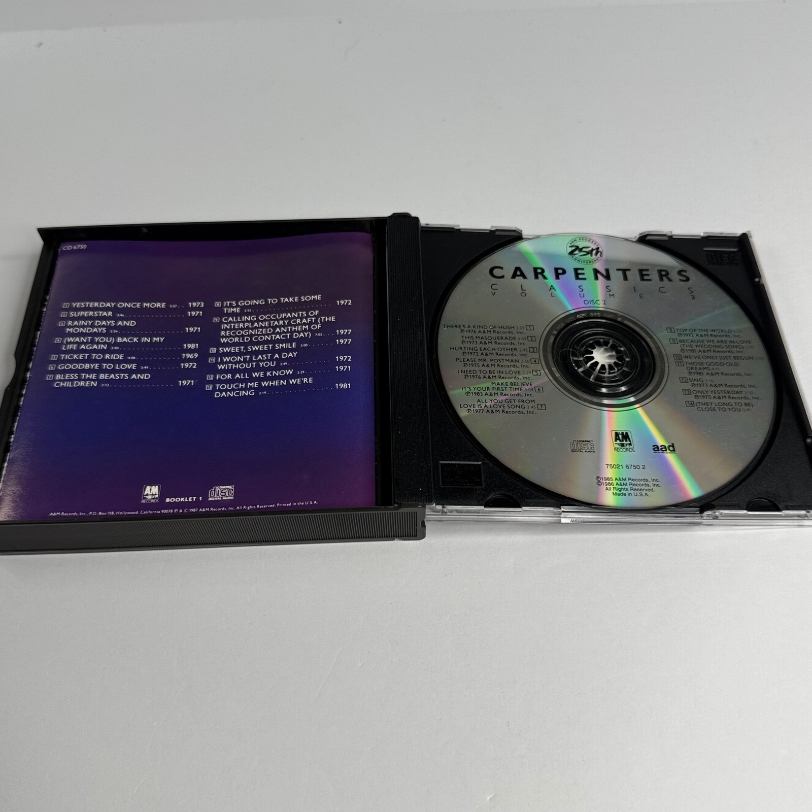 Carpenters Classics Volume 2 CD 2-Disc Set A&M Records 25th Anniversary 1987