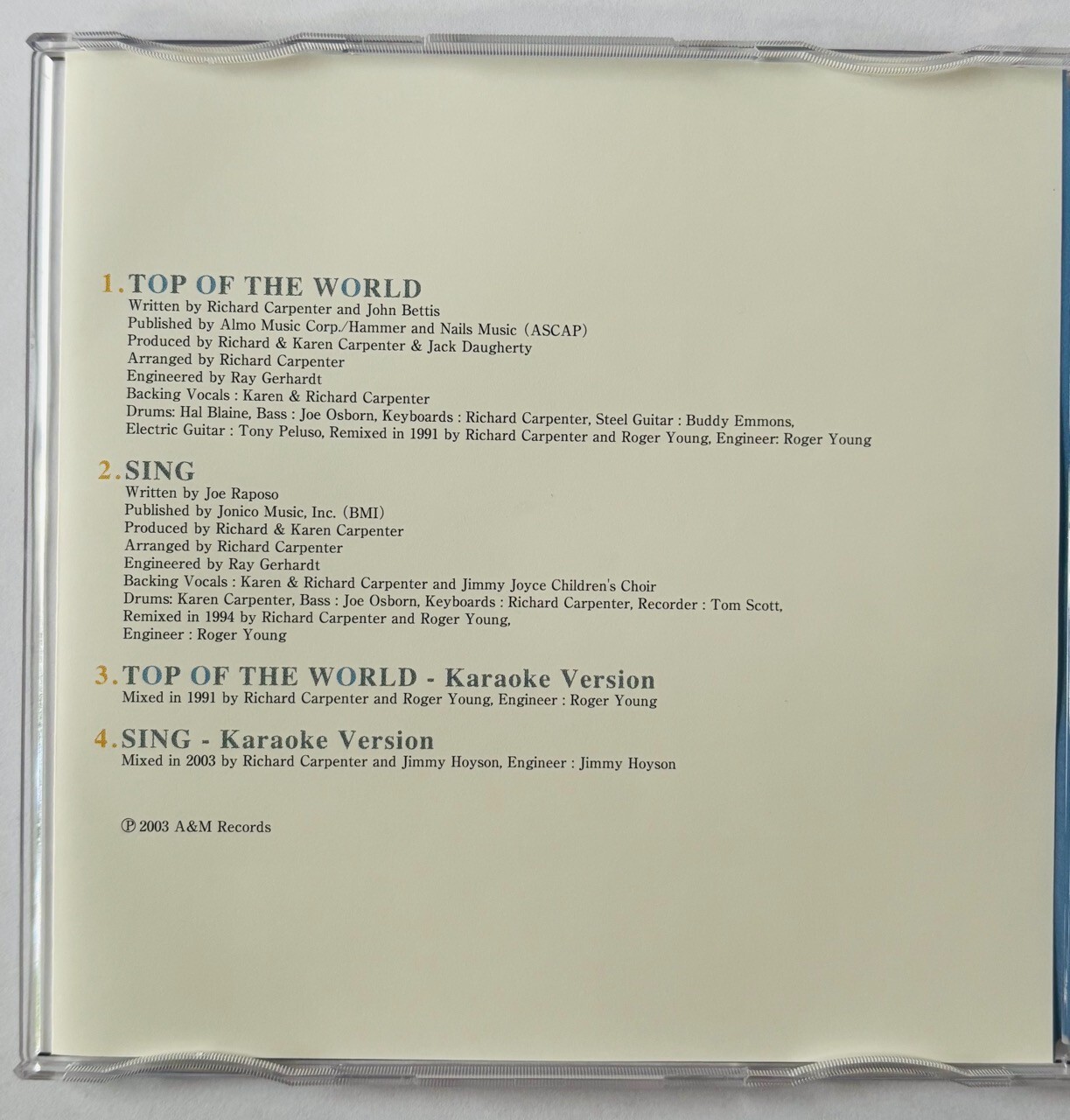 Carpenters Japanese TOP OF THE WORLD CD Single and Karaoke Versions