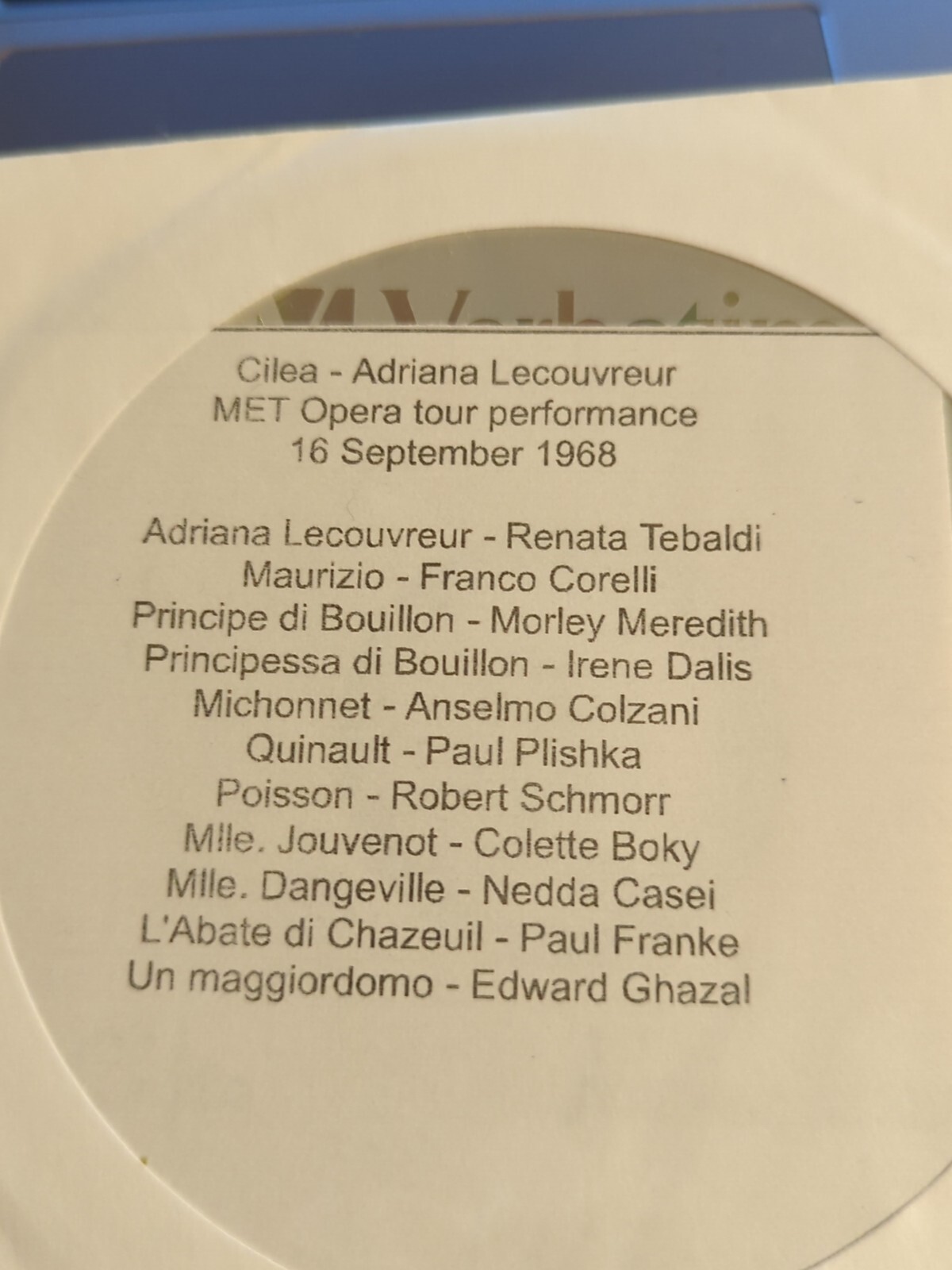 Live Opera Recording CD2088 Lecouvreur Tebaldi Corelli Meredith Dalis Colzani