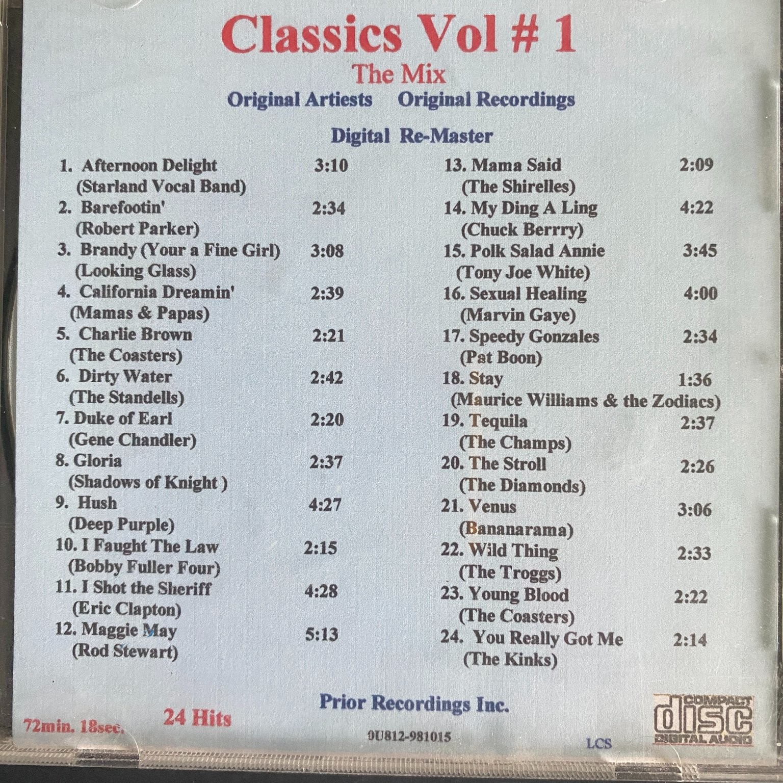 Various Artists – Classics Vol #1 The Mix CD 1990s Digital Remaster Pop Rock R&B